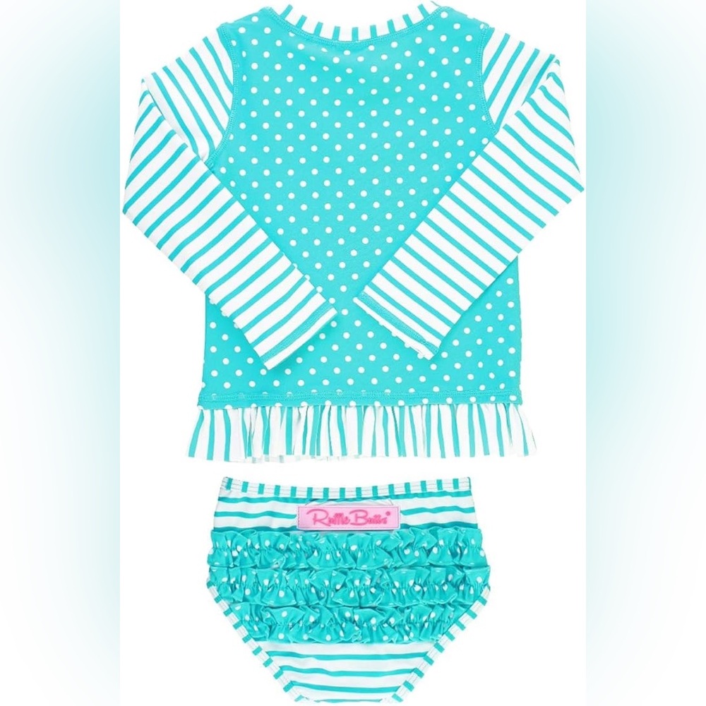 RuffleButts 2-Piece Rash Guard Swimsuit – Teal Polka Dot (NWT)